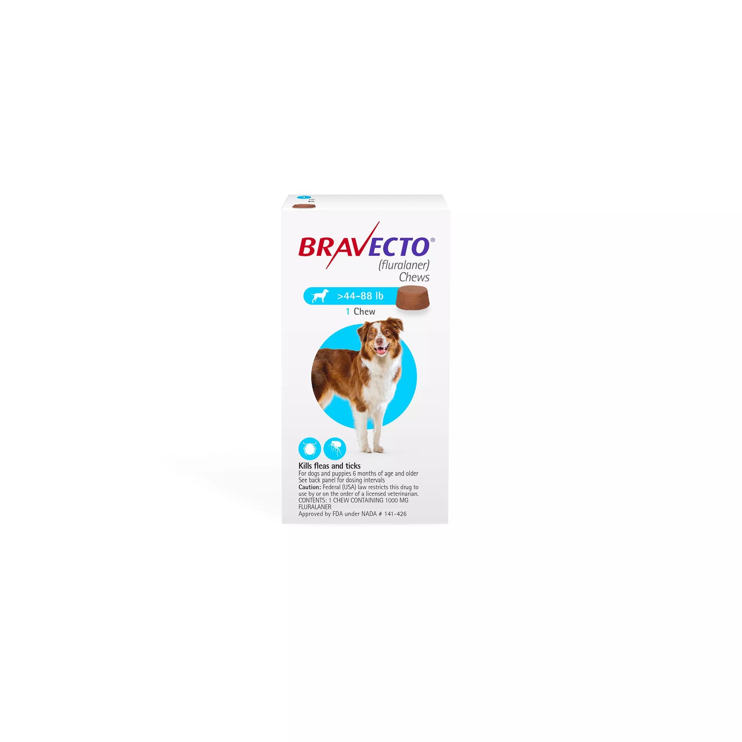 Bravecto Chews 44-88 lbs Blue, 1000 mg 1 chewable, 12 weeks acting