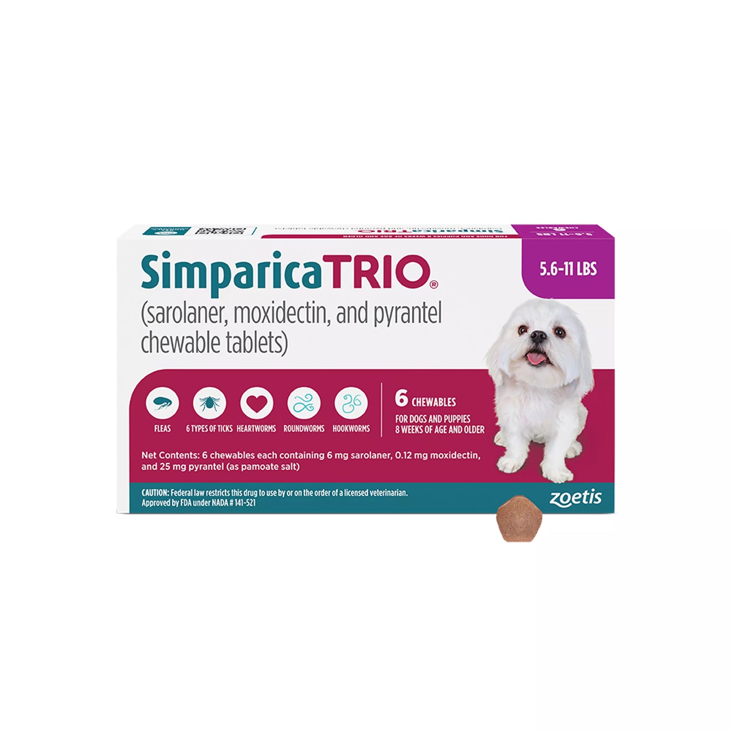 Simparica Trio Chewable Tablets for Dogs - 5.6-11 lbs, Purple Box