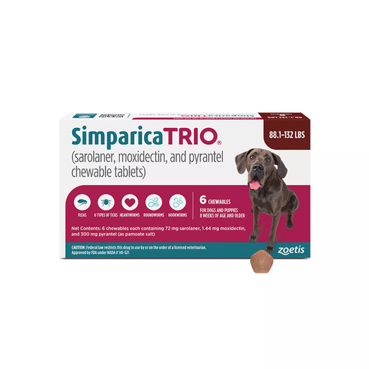 Simparica Trio Chewable Tablets for Dogs - 88.1-132 lbs, Brown Box