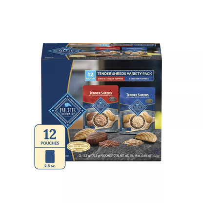 Blue Buffalo Tender Shreds Variety Pack All Life Stage Dog Food Topper - Chicken & Beef, 12 Count