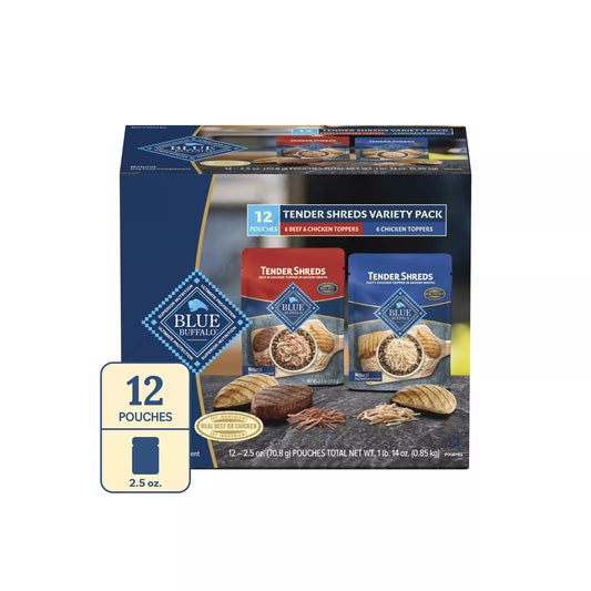 Blue Buffalo Tender Shreds Variety Pack All Life Stage Dog Food Topper - Chicken & Beef, 12 Count