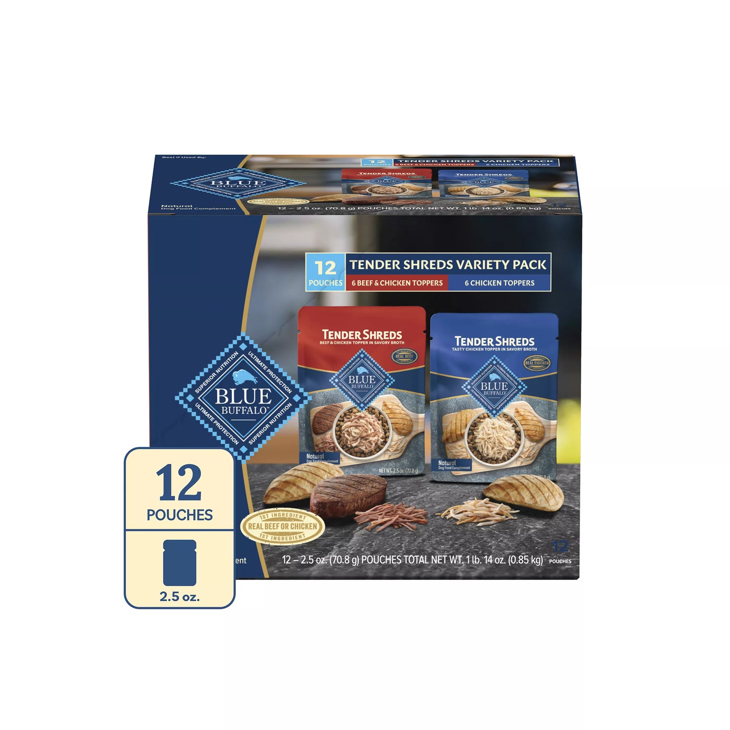 Blue Buffalo Tender Shreds Variety Pack All Life Stage Dog Food Topper - Chicken & Beef, 12 Count