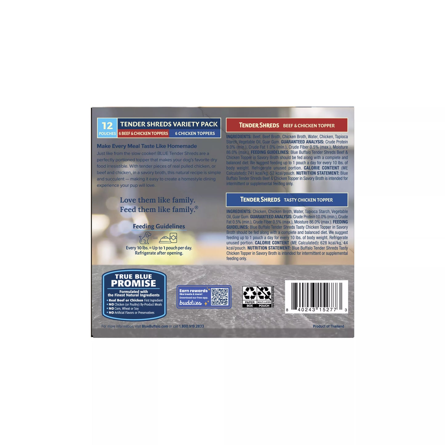 Blue Buffalo Tender Shreds Variety Pack All Life Stage Dog Food Topper - Chicken & Beef, 12 Count