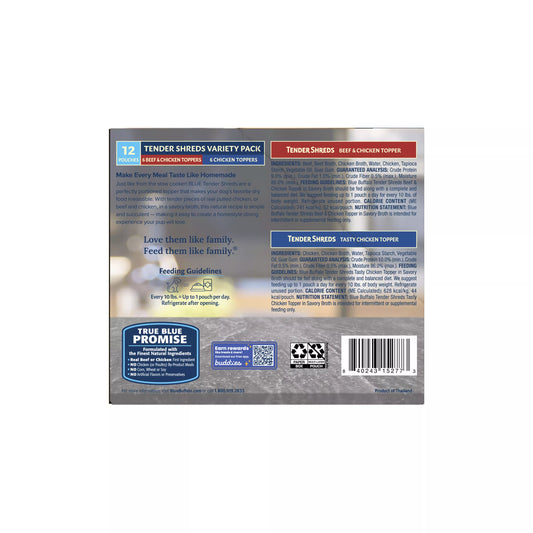 Blue Buffalo Tender Shreds Variety Pack All Life Stage Dog Food Topper - Chicken & Beef, 12 Count