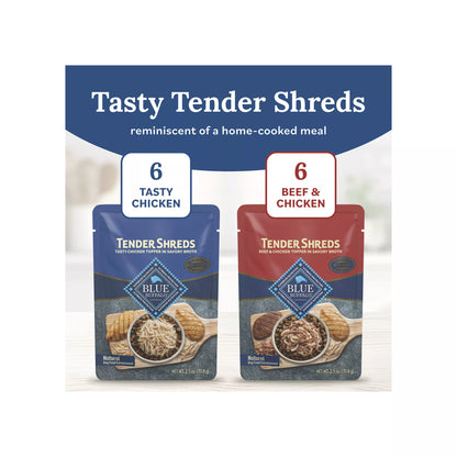 Blue Buffalo Tender Shreds Variety Pack All Life Stage Dog Food Topper - Chicken & Beef, 12 Count