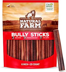 3x25 Packs Natural Farm Odor-Free Bully Sticks (6 Inch, 25 count),1.3 lb. Bag, Fully Digestible 100% Beef Pizzle Chews,Grass-Fed, Non-GMO,Grain-Free, Natural Long-Lasting Chews for Small & Large Dogs.