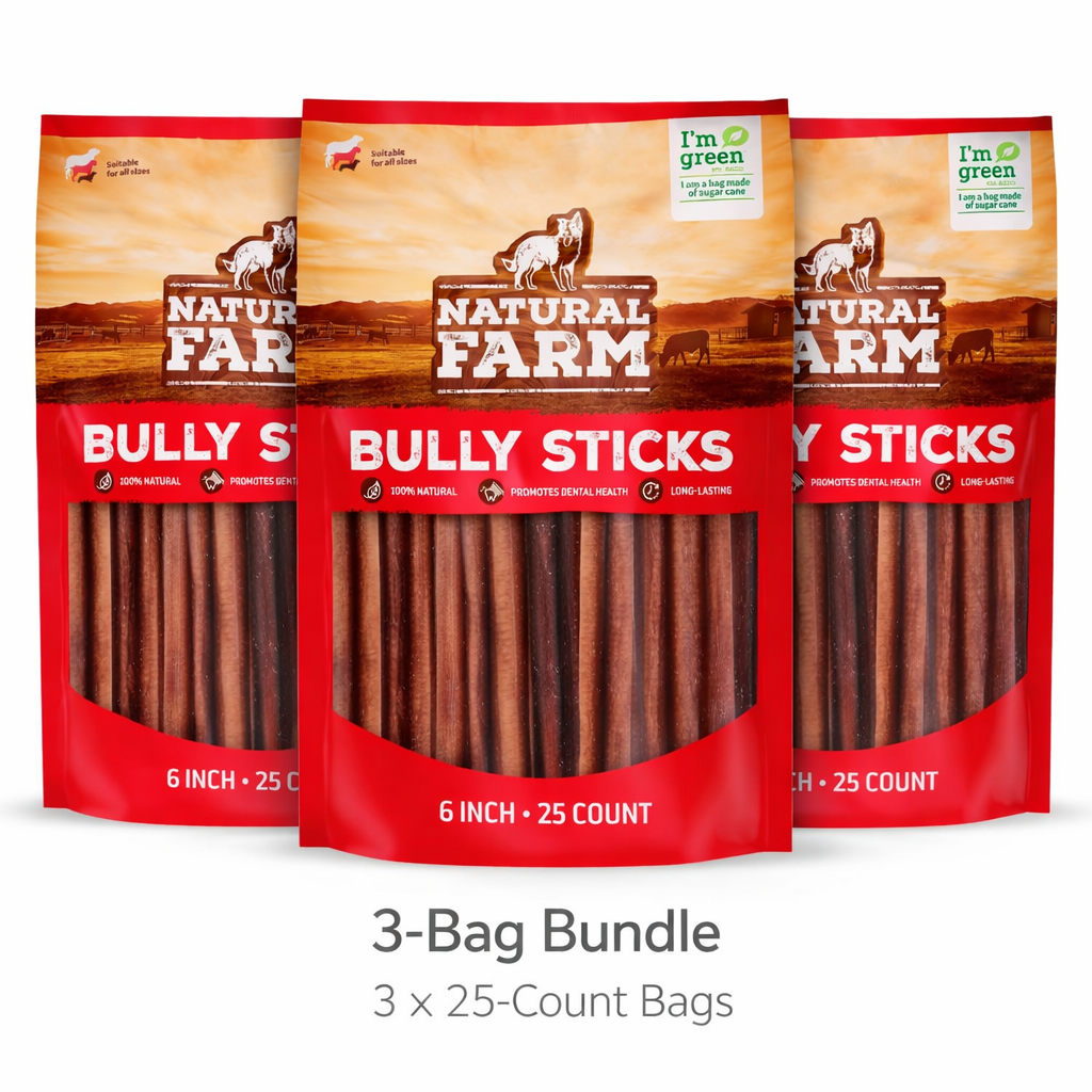 3x25 Packs Natural Farm Odor-Free Bully Sticks (6 Inch, 25 count),1.3 lb. Bag, Fully Digestible 100% Beef Pizzle Chews,Grass-Fed, Non-GMO,Grain-Free, Natural Long-Lasting Chews for Small & Large Dogs.