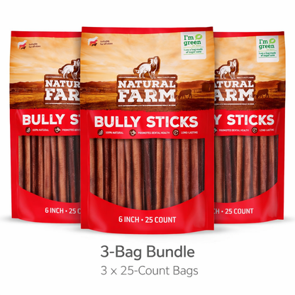 3x25 Packs Natural Farm Odor-Free Bully Sticks (6 Inch, 25 count),1.3 lb. Bag, Fully Digestible 100% Beef Pizzle Chews,Grass-Fed, Non-GMO,Grain-Free, Natural Long-Lasting Chews for Small & Large Dogs.